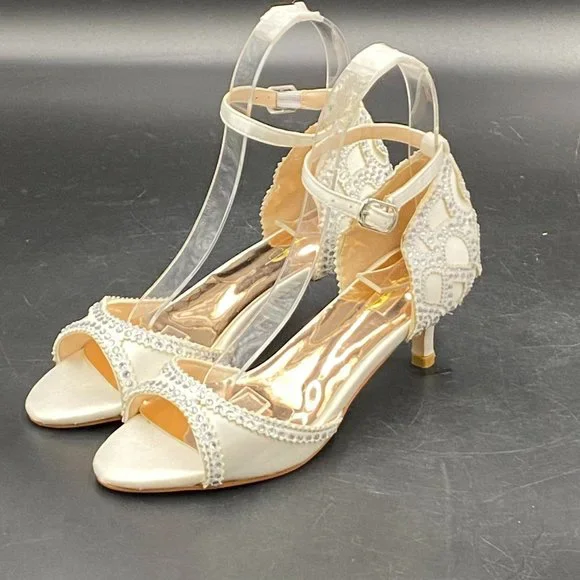 XYD white rhinestone peep toe kitten low heels slip on ankle strap sandals shoes - Picture 2 of 8